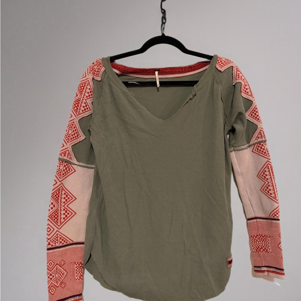 Free People Vintage XS Olive Thermal Boho Knit Sleeve Top